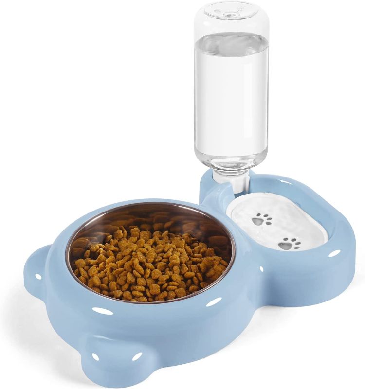 Photo 1 of Azwraith Double Dog Cat Bowls, Pet Water and Food Bowl Set with Automatic Water Dispenser Bottle Detachable Stainless Steel Bowl for Small Dogs and Cats Kitten Puppy Rabbit Bunny - Blue
