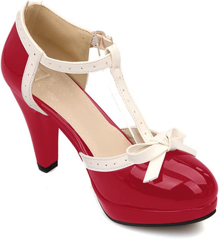 Photo 1 of ForeMode Fashion Women T-Strap High Heels Bow Platform Round Toe Pumps Leather Summer Sweet Shoes - size 44 uk
