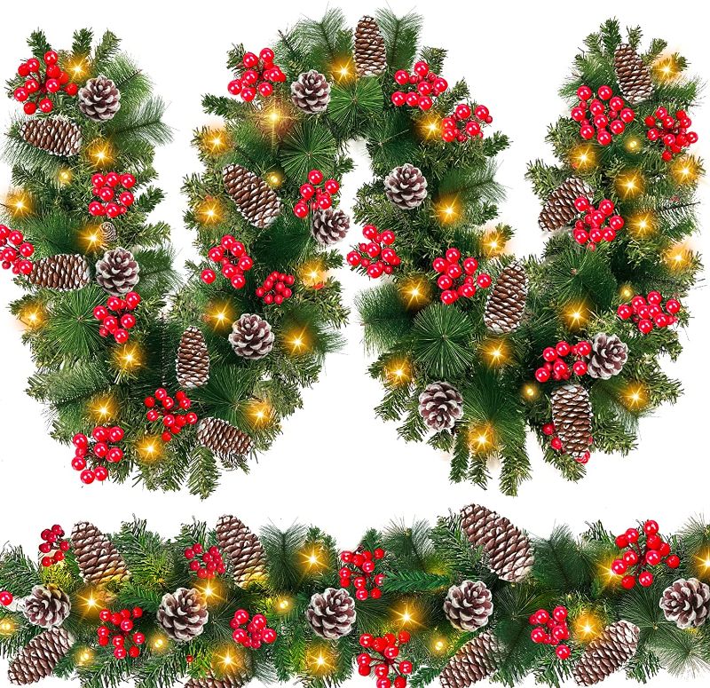 Photo 1 of [ 2 Pack & Timer ] 9 Ft by 10'' Prelit Christmas Garland Decorations 100 LED Lights 8 Modes Battery Operated 300 Thick Tips 198 Red Berries 18 Pine Cones Xmas Garland Decor Indoor Outdoor Home Mantle
