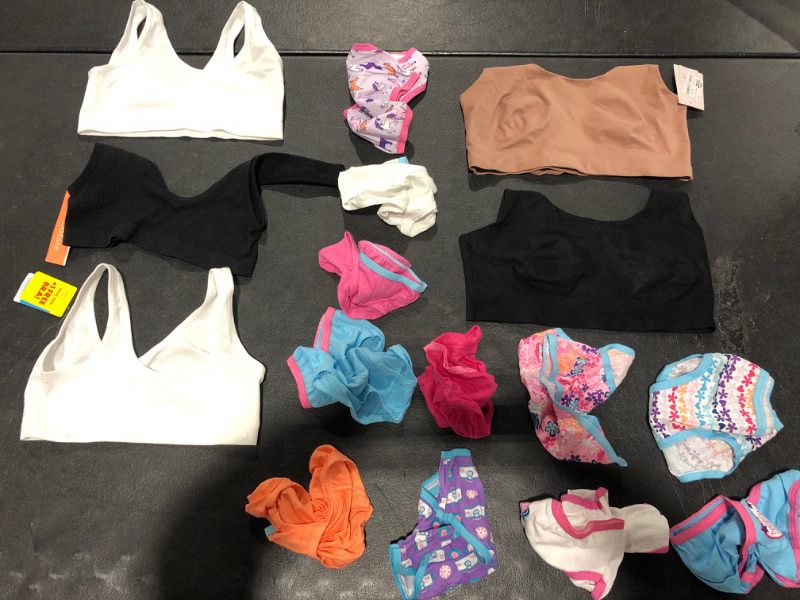 Photo 1 of 16 PIECES GIRLS PANTIES AND SPORTS BRAS VARIOUS SIZES 
ITEMS ARE NEW 