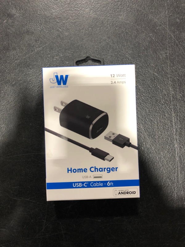 Photo 2 of Just Wireless 2.4A/12W 1-Port USB-A Home Charger with 6&#39; TPU Type-C to USB-A Cable - Black