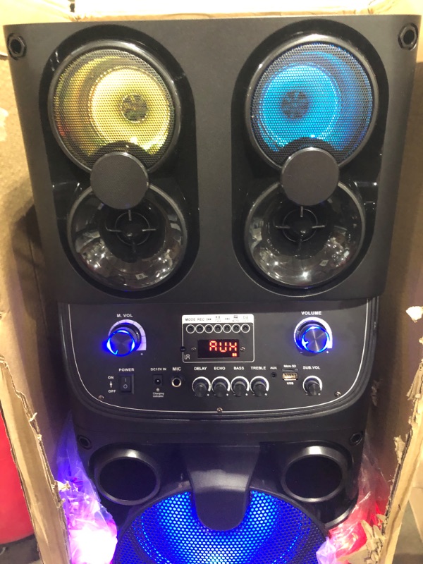 Photo 3 of Portable Bluetooth PA Speaker - 600W Dual 10” Rechargeable Indoor/Outdoor BT Karaoke Audio System - Party Lights, LED Display, FM/AUX/MP3/USB/SD, 1/4" in, Handle, Wheels - Wireless Mic, Remote Control