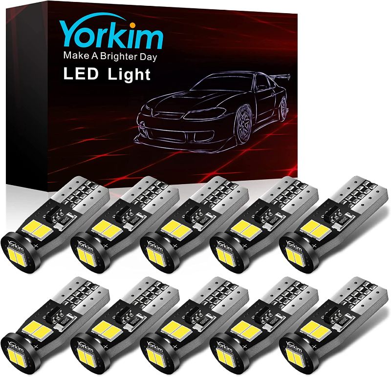 Photo 1 of Yorkim Newest T10 LED Bulb Canbus Error Free 6-SMD Super Bright EMC Chipsets, 194 LED For Dome Map Door Marker License Plate Trunk lights 168 W5W 2825 Sockets Pack of 10, White 