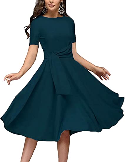 Photo 1 of [Size XXL] Women's Elegance Audrey Hepburn Style Ruched Dress Round Neck Short Sleeve Swing Midi A-line Dresses 