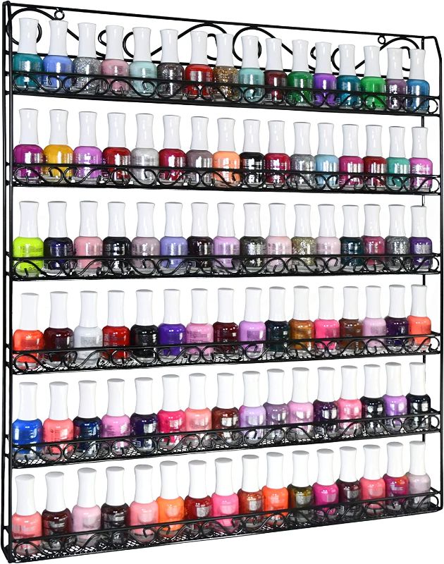 Photo 1 of AMT 6 TIER Metal Nail Polish Racks, Fit Up To 108 BOTTLES, Black Wall Mounted, Nail Polish Display for The Wall, Young Living Essential Oils Organizer for Home Salon Business Spa (108 Bottles - Black)
