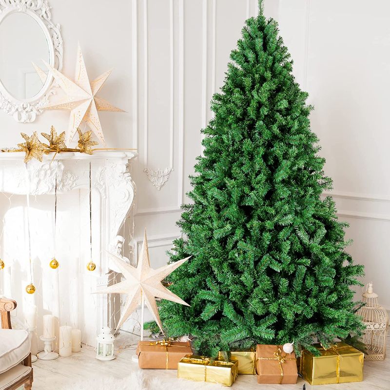 Photo 1 of 7.5FT Premium Hinged Artificial Holiday Christmas Pine Tree for Home, Office, Party Xmas Decoration Lightweight and Easy Assemble with Foldable Metal Stand (Green, 7.5 FT)