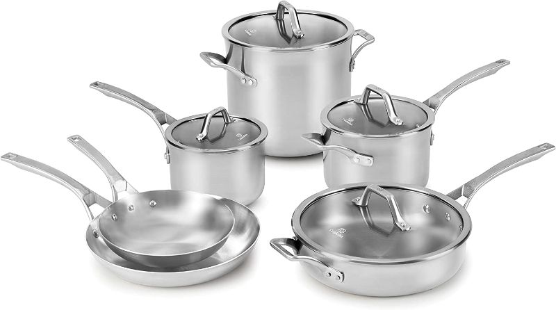 Photo 1 of Calphalon 10-Piece Pots and Pans Set, Stainless Steel Kitchen Cookware with Stay-Cool Handles, Dishwasher Safe, Silver