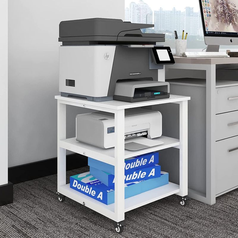 Photo 1 of Natwind 3-Tier Movable Laser Printer Cart Large Machine Stand Under Desk Heavy Duty Rolling Table with Storage Floor-Standing Rack on Wheels Paper File Organizer Shelf for Home Office (White) 19.7 x 19.7 x 22.6 inches