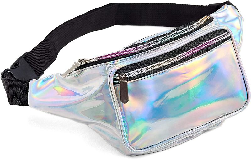 Photo 1 of 80s Silver Fanny Pack For Women Grils Rave Festival Belts Holographic Waist Packs (Silver)
