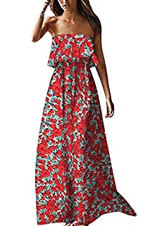 Photo 1 of ZMPSIISA Women's Summer Off The Shoulder Maxi Dress Ruffle Strapless Blue White Porcelain Boho Casual Loose Long Dress(A-Flower Red,X-Large) (B09QHK4XKS)
