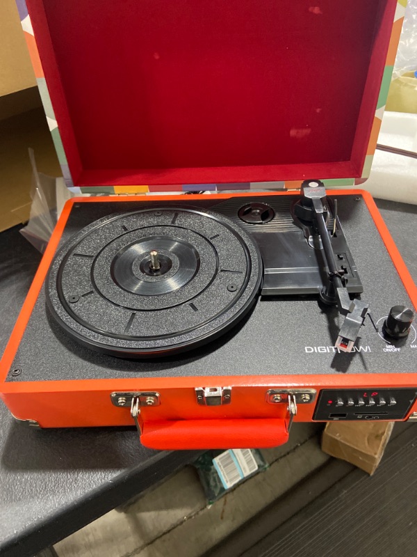 Photo 2 of DIGITNOW Record Player, Turntable Suitcase with Multi-Function Bluetooth/FM Radio/USB and SD Card Port/Vinyl to MP3 Converter Orange