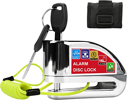 Photo 1 of ACETOP Alarm Disc Lock Motorcycle Disc Brake Lock, Waterproof 110dB AntiTheft Disk Lock Motorcycle with 7mm Pin and 1.2M Reminder Cable for Motorcycle and Scooter Bike Silver
