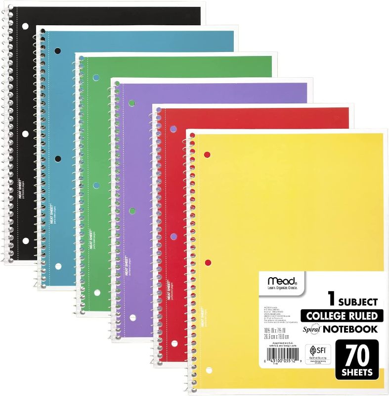 Photo 1 of Mead Spiral Notebooks, 6 Pack, 1-Subject, College Ruled Paper, 10-1/2" x 7-1/2", 70 Sheets per Notebook, Assorted Colors