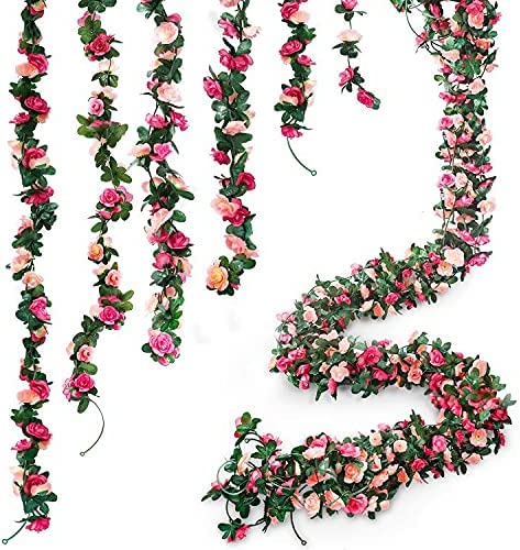 Photo 1 of AnoKe 6pcs 49 FT Rose Vine Flowers Garland Plants- BSTC Artificial Fake Rose Vine Flowers Ivy Garlands Hanging Rose Ivy for Wedding Party Garden Wall Decoration Silk Flowers, Pink
