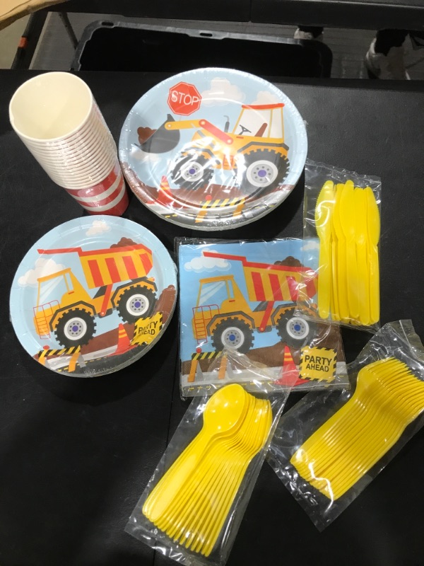 Photo 2 of DECORLIFE Construction Birthday Party Supplies Serves 16, Party Plates and Cups and Napkins Sets, Knives, Forks, Spoons Included,for Boy Birthday Party Decorations, Total 112pcs