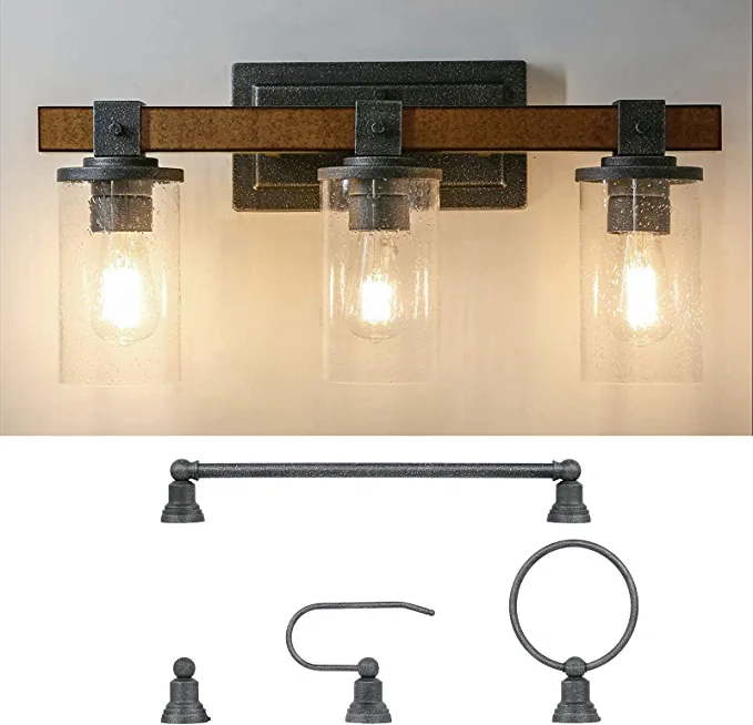 Photo 1 of 3-Light Farmhouse Vanity Light, 5-Piece All-in-One Bathroom Set (E26 Bulb Base), Bathroom Light Fixture with Seeded Glass Shades, Faux Wood Metal Wall Sconce for Bathroom, Kitchen, Powder Room