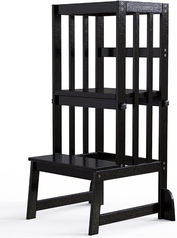 Photo 1 of DORPU Learning Stool Toddler Tower, 3 Adjustable Heights Kitchen Step Stool with Safety Rail for Toddlers 18 Months and Older (Black)
