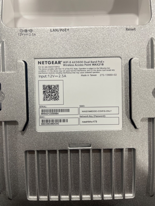 Photo 4 of Netgear WAX218 802.11ax 3.52 Gbit/s Wireless Access Point - 2.40 GHz, 5 GHz - 1 X Network (RJ-45) - Gigabit Ethernet - PoE Ports - Ceiling Mountable **PLUG IN CORDS NOT INCLUDED** **UNABLE TO TEST**