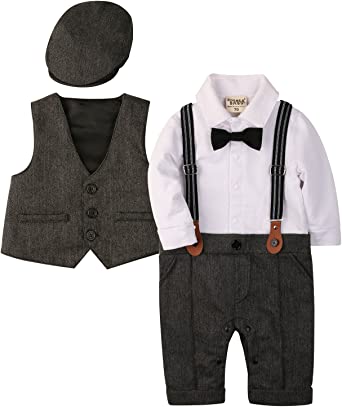 Photo 1 of Baby Boy Outfits Set, 3pcs Long Sleeves Gentleman Jumpsuit & Vest Coat & Berets Hat with Bow Tie SIZE 12-18 MONTHS **HAT NOT INCLUDED**