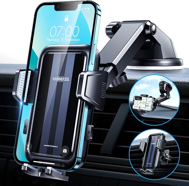 Photo 1 of VANMASS [2022 Newest Car Phone Holder Mount [Upgraded Super Suction] Dashboard Phone Holder, Cell Phone Holder Car Dash Windshield Air Vent Stand for iPhone 14 13 12 Pro Max Samsung, Clear Black
