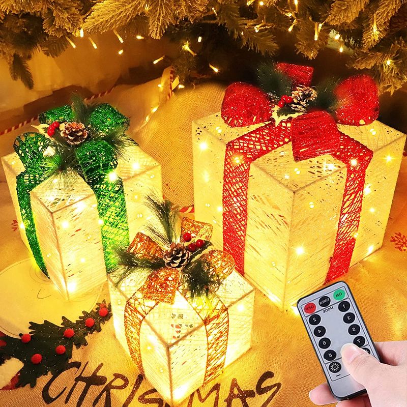 Photo 1 of [ Super Large 12"-10"-8" ] 3 Pack 60 LED Christmas Lighted Gift Boxes Decorations 8 Modes Timer Remote Battery Operated Glitter Present Box Indoor Outdoor Holiday Party Christmas Tree Home Decor Yard **BATTERIES NOT INCLUDED**