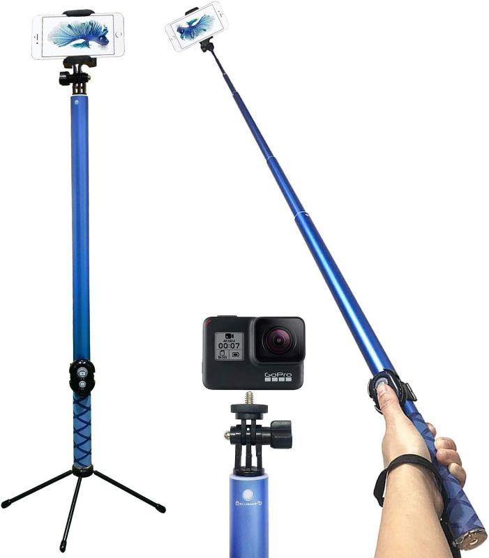Photo 1 of Bluetooth Long Selfie Stick- Super Length Lightweight Extendable Pole from 20'' to 118 Built-in Wireless Remote Shutter Grip Holder Mount Compatible iPhone Samsung Android Cell Phone(Blue)
