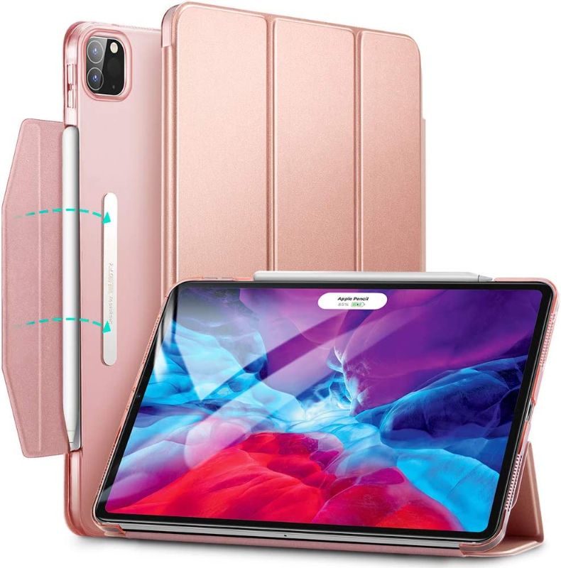 Photo 1 of ESR Yippee Trifold Smart Case for iPad Pro 12.9 2020/2018, Lightweight Stand Case with Clasp, Auto Sleep/Wake [Supports Pencil 2 Wireless Charging], Hard Back Cover for iPad Pro 12.9", Rose Gold
