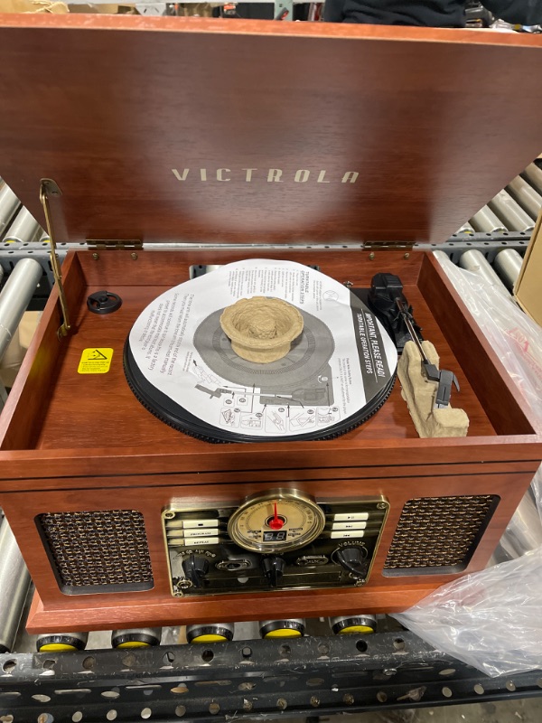 Photo 3 of Victrola Nostalgic 6-in-1 Bluetooth Record Player & Multimedia Center with Built-in Speakers - 3-Speed Turntable, CD & Cassette Player, FM Radio | Wireless Music Streaming | Mahogany Mahogany Entertainment Center