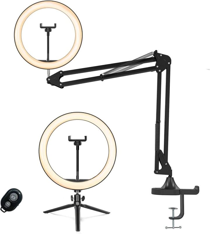 Photo 1 of 12" Ring Light with Boom Arm, LED Circle Light Desk Tripod Stand with Wireless Remote Control/Phone Holder/YouTube Video/Mic Clip for TikTok Makeup Vlog Streaming Online Meeting (JY-12)
