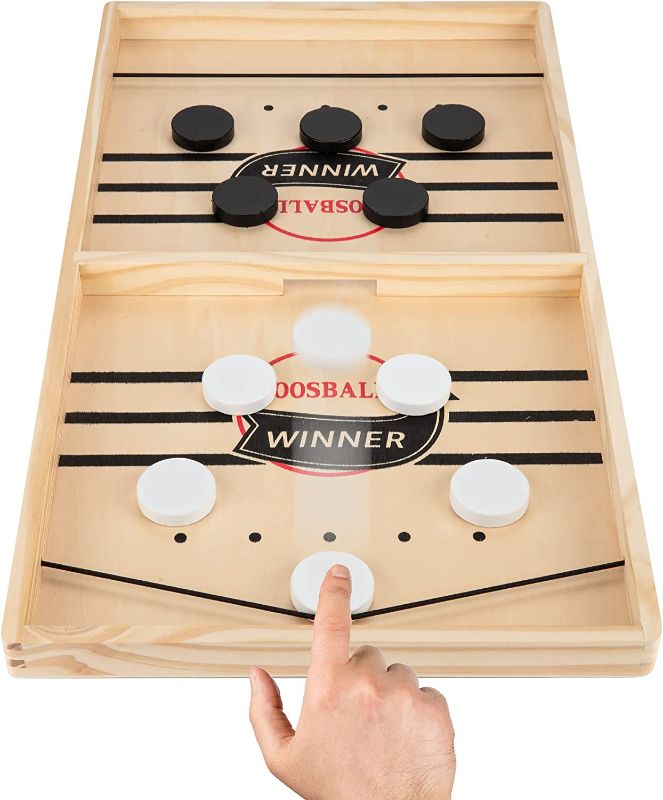 Photo 1 of Large Sling Puck Game, Foosball Winner Board Game, Wooden Hockey Table Game, Fast Paced Slingshot Game Board, Rapid Sling Table Battle Speed String Puck Game for Kids Adults & Family Party, Large Size
