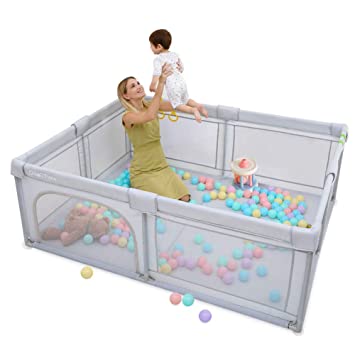 Photo 1 of Baby Playpen, Playpens for Babies, Extra Large Playyard for Toddler, Reliable Kids Activity Center, Sturdy Safety Playpen with Anti-Slip Suckers and Super Soft Breathable Mesh (Light Gray, Large)
