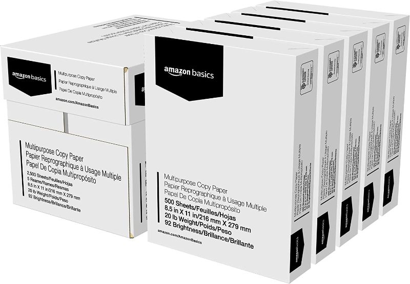 Photo 1 of Amazon Basics Multipurpose Copy Printer Paper, 8.5 x 11 Inch 20Lb Paper - 5 Ream Case (2,500 Sheets), 92 GE Bright White
