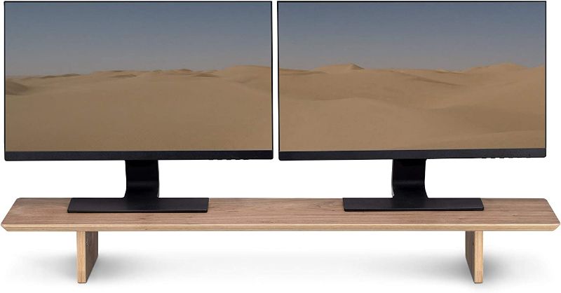 Photo 1 of Navaris Dual Monitor Stand Riser - Real Wood Double Width Desk Shelf for Holding 2 Computer Screens - 42.9" Wide x 9.1" Deep x 4.7" High - Walnut
