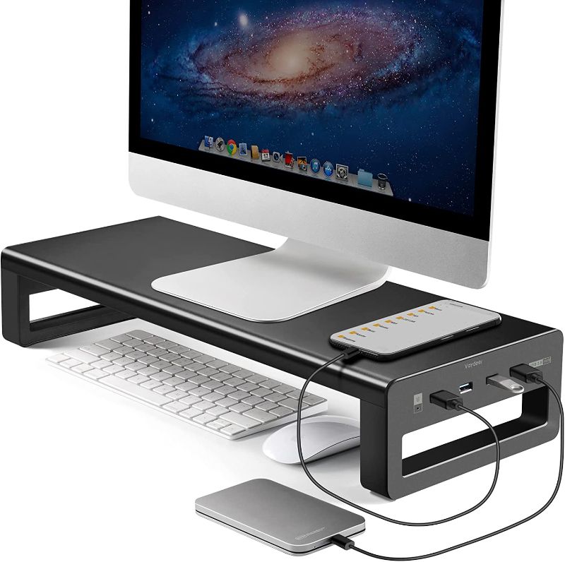 Photo 1 of VAYDEER USB 3.0 Aluminum Monitor Stand Metal Riser Support Transfer Data,Keyboard and Mouse Storage Desk Organizer for Laptop,Computer,Notebook,MacBook(Monitor Size Up to 27 inches)(Black)
