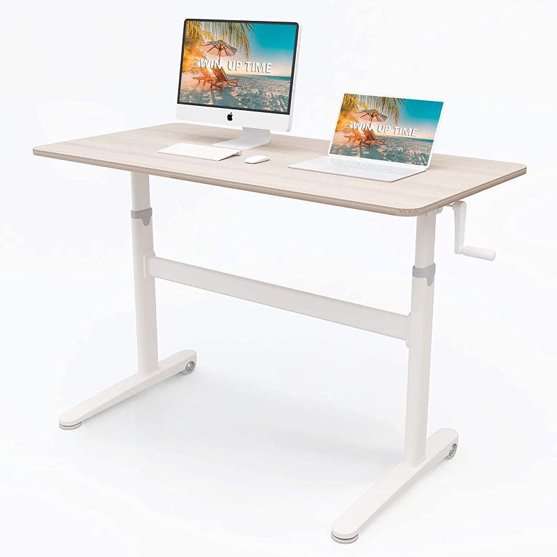 Photo 1 of Win Up Time Manual Standing Desk Adjustable Height- Crank Standing Desk 48 x 24 Inches Sit Stand Desk Frame & Top, Stand Up Desk on Wheels, Computer Desk White Frame & Maple 