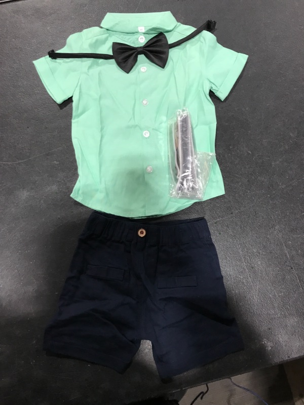 Photo 2 of Abolai Baby Boy Summer Cotton Gentleman Long Sleeve Bowtie Romper Suspenders Shorts Outfit Set 6-12 Months Style2 Green size 80 