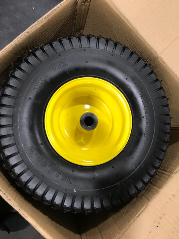 Photo 2 of (2 Pack) AR-PRO Exact Replacement 15" x 6.00 - 6" Front Tire and Wheel Assemblies for John Deere Riding Mowers - Compatible with John Deere 100 and D100 Series - 3” Hub Offset and 3/4” Bushings 15" x 6.00-6" Yellow