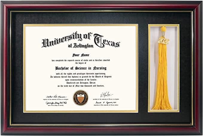 Photo 1 of GraduationMall 11x17 Cherry Wood Diploma Frame with Tassel Holder for 8.5x11 Certificate Document,Real Glass,Black over Gold Mat
