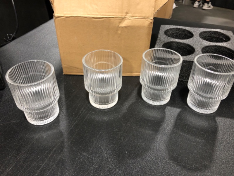 Photo 2 of American Atelier Vintage Art Deco Fluted Drinking Glasses | Ribbed Glassware for Cocktail, Gin, Whiskey, & More | Modern Glassware | Lowball Fluted Cocktail Glasses | Set of 4 | 9 Oz (Clear)
