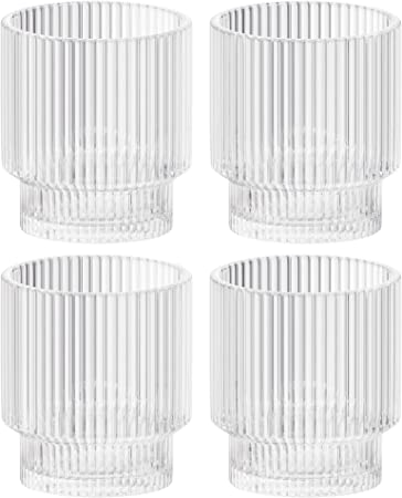 Photo 1 of American Atelier Vintage Art Deco Fluted Drinking Glasses | Ribbed Glassware for Cocktail, Gin, Whiskey, & More | Modern Glassware | Lowball Fluted Cocktail Glasses | Set of 4 | 9 Oz (Clear)
