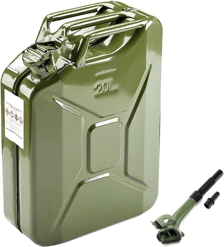 Photo 1 of AMZOSS 20L 5 Gallon Metal Gas Can Green with Fuel Can and Spout System, US Standard Cold-Rolled Plate Petrol Diesel Can - Gasoline Bucket (13.78" x 6.5" x 17.91")