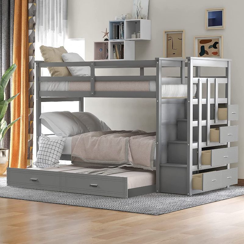 Photo 1 of Bunk Bed with Trundle, Solid Wood Twin Over Twin Bed Frame with Storage Drawers , Staircase and Full-Length Guardrail (BOX 2 OUT OF 3) 