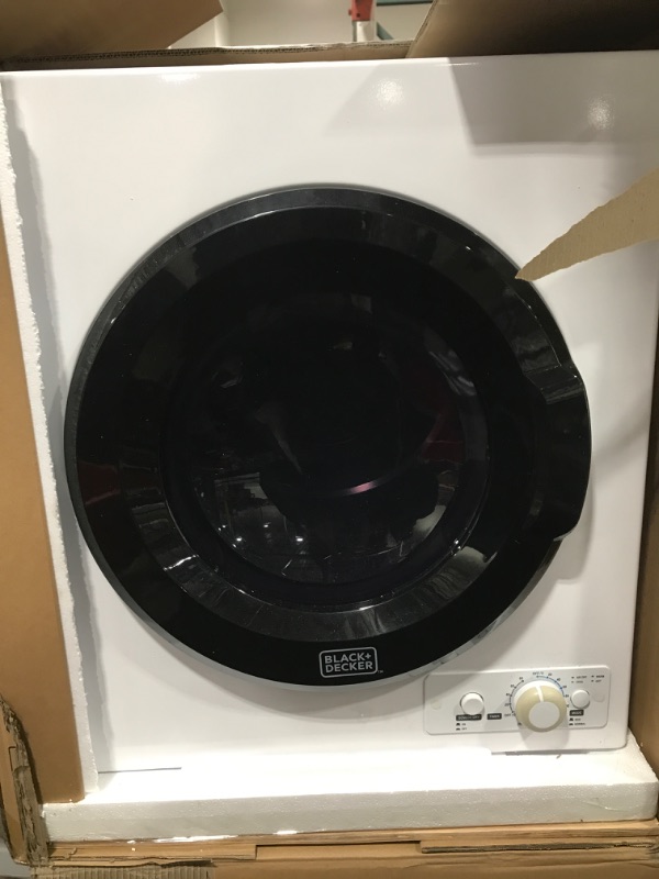 Photo 2 of ** incomplete ** BLACK+DECKER BCED26 Portable Dryer, Small, 4 Modes, Load Volume 8.8 lbs., White -- parts only (Turns on but then turns off randomly. The dial is damaged as well, Missing exhaust pipe)