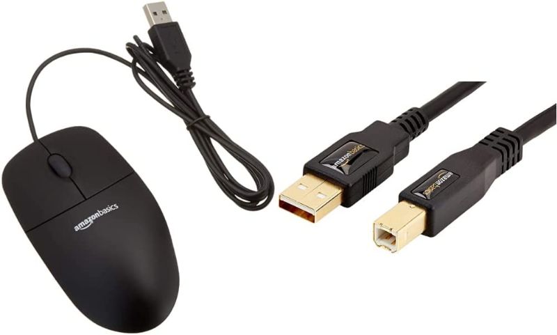 Photo 1 of Amazon Basics 3-Button Wired USB Computer Mouse, Black & USB 2.0 Printer Cable - A-Male to B-Male Cord - 6 Feet (1.8 Meters), Black
