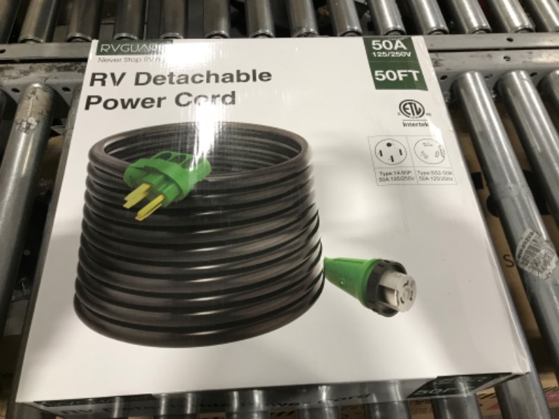 Photo 3 of RVGUARD 50 Amp 50 Foot RV Power Cord, 14-50P to SS2-50R Generator Extension Cord, Heavy Duty STW Cord with LED Power Indicator and Cord Organizer, Green, ETL Listed 50 Feet Locking Green 50 Amp