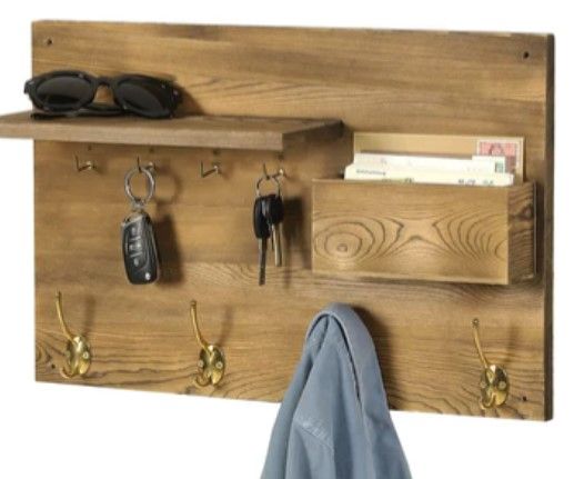 Photo 1 of  Burnt Wood Entryway Organizer Wall Storage Rack with Brass Tone Coat Hangers, Key Hooks, Display Shelf, and Mail Bin