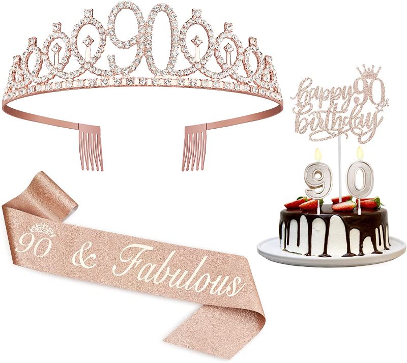 Photo 1 of 90th Birthday Decorations Women, Including 90th Birthday Crown/Tiara, Sash, Cake Topper and Candles, Happy 90th Birthday Decorations for Women---MISSING CAKE TOPPER