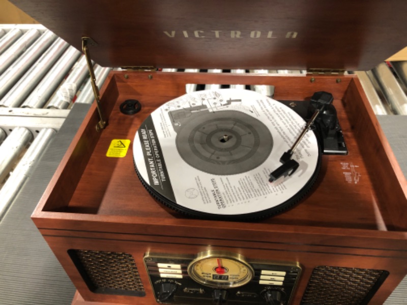 Photo 4 of Victrola Nostalgic 6-in-1 Bluetooth Record Player & Multimedia Center with Built-in Speakers - 3-Speed Turntable, CD & Cassette Player, FM Radio | Wireless Music Streaming | Mahogany Mahogany Entertainment Center