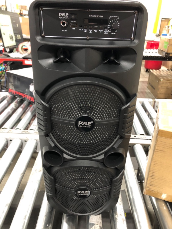 Photo 2 of Pyle Portable Bluetooth PA Speaker System - 600W Rechargeable Outdoor Bluetooth Speaker Portable PA System w/ Dual 8” Subwoofer 1” Tweeter, Microphone In, Party Lights, USB, Radio, Remote - PPHP2835B