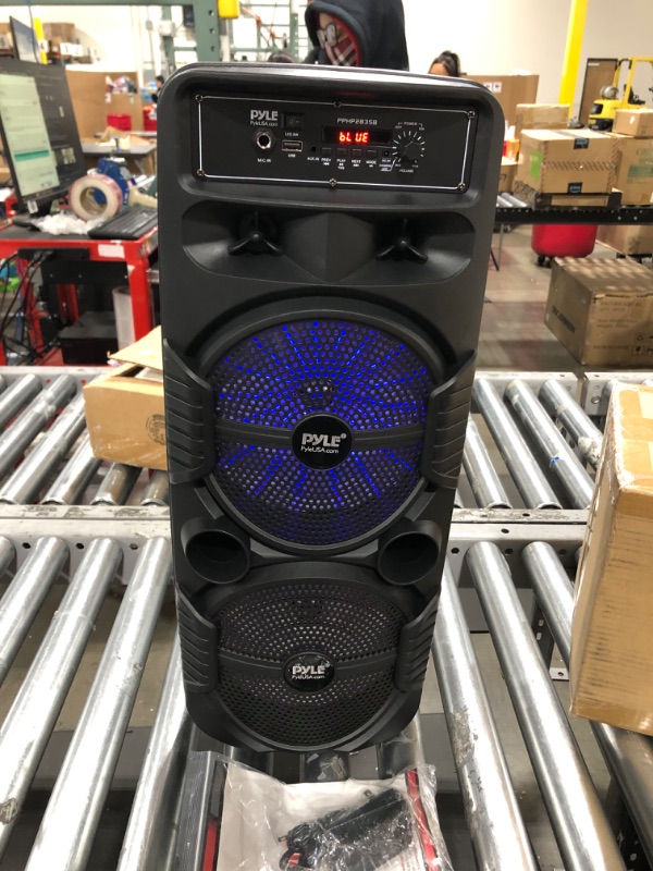 Photo 5 of Pyle Portable Bluetooth PA Speaker System - 600W Rechargeable Outdoor Bluetooth Speaker Portable PA System w/ Dual 8” Subwoofer 1” Tweeter, Microphone In, Party Lights, USB, Radio, Remote - PPHP2835B